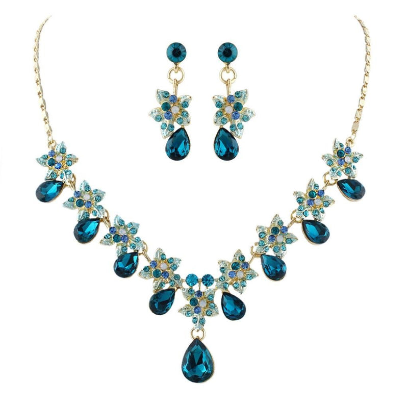 [Australia] - EVER FAITH Hibiscus Teardrop Austrian Crystal Necklace Earrings Set Gold-Tone Turquoise Color 