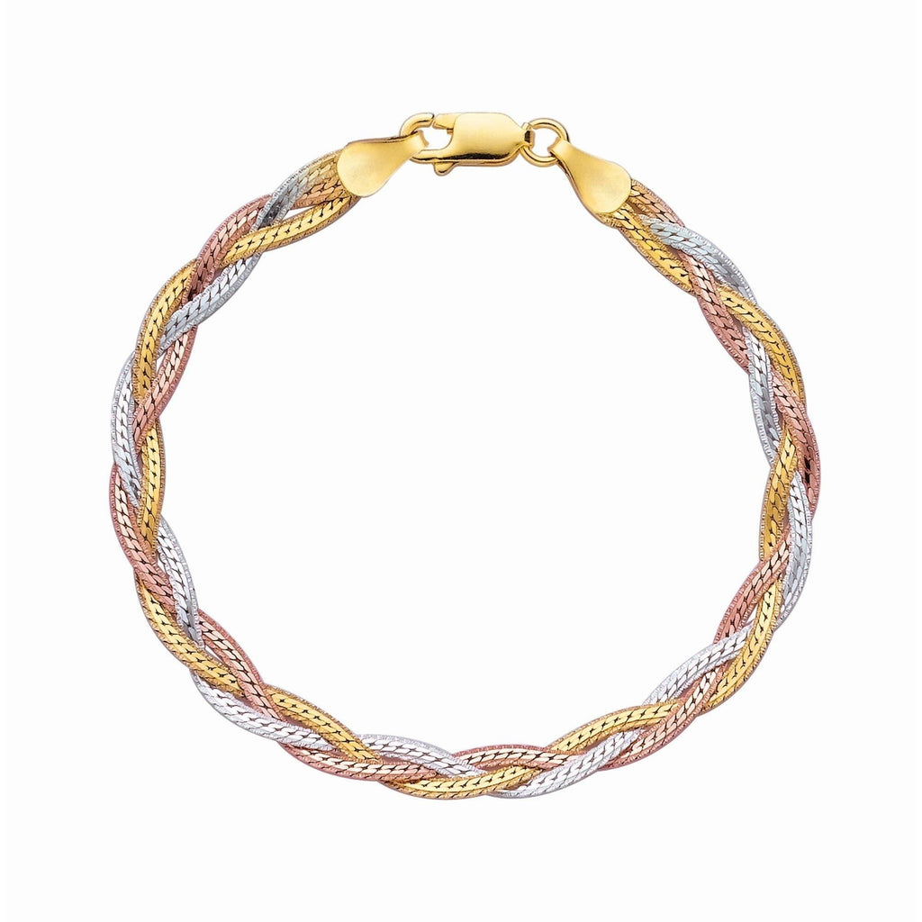 [Australia] - Silver Rose Rhodium Yellow Shiny Diamond-Cut Tri-Color Fancy Weave Anklet Bracelet - 10 Inches, 6.1gr 