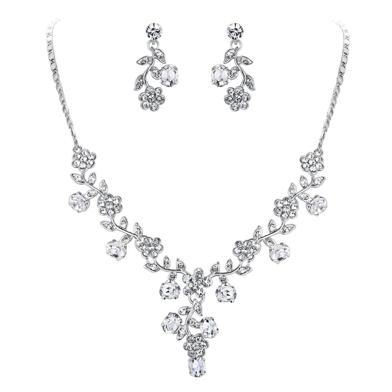 [Australia] - EVER FAITH Flower Leaf Necklace Earrings Set Austrian Crystal 1-Clear Silver-Tone 