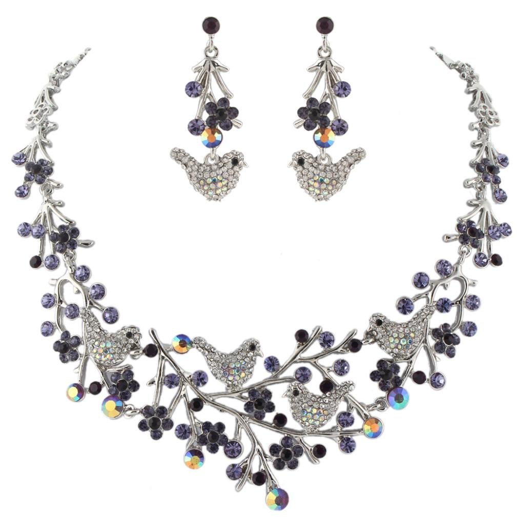 [Australia] - EVER FAITH Austrian Crystal Sparrow Bird Flower Leaf Vine Necklace Earrings Set Purple Silver-Tone 