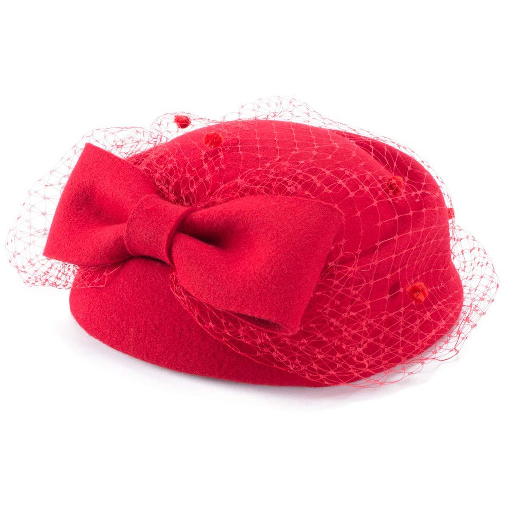 [Australia] - Lawliet Womens Dress Fascinator Wool Felt Pillbox Hat Party Wedding Bow Veil A080 Red 