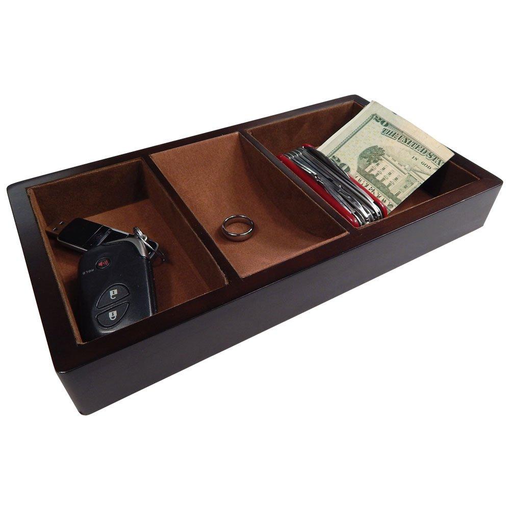 [Australia] - Profile Gifts Woltar Wooden Valet Tray with 3 Compartment Leatherette Organizer Box for Wallets, Coins, Keys, and Jewelry 