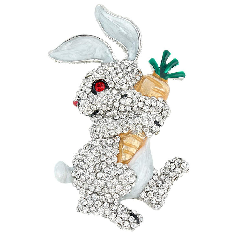 [Australia] - EVER FAITH Austrian Crystal Enamel Adorable Rabbit with Carrot Brooch Pendant Clear Silver-Tone 