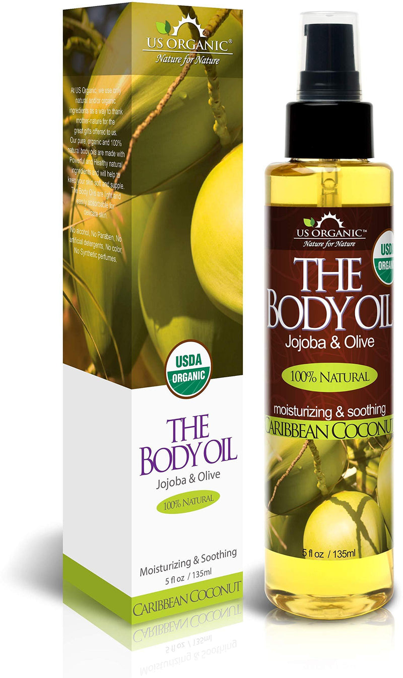 [Australia] - US Organic Body Oil-Blend of Jojoba and Olive Oil with fragrance of Smooth Caribbean Coconut-Vitamin E, USDA Certified, No Alcohol, Paraben, Artificial Detergents, Color or Synthetic perfumes, 5 Fl.oz 