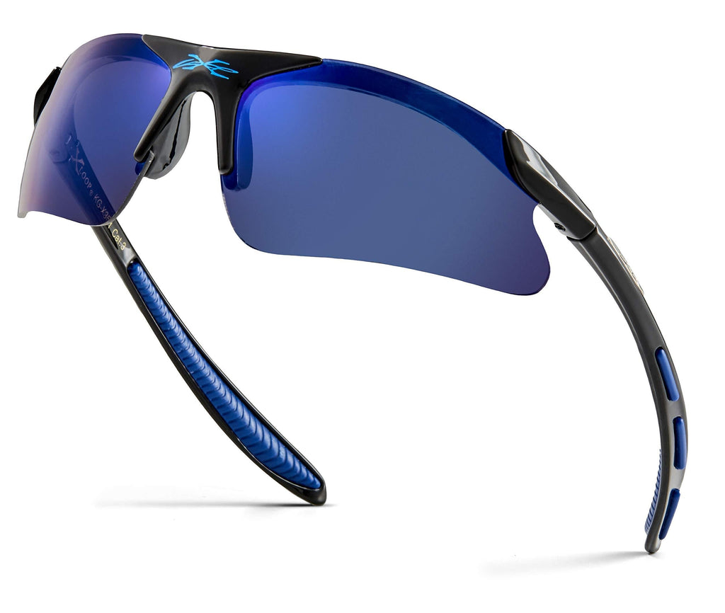 [Australia] - Children AGE 3-10 Half Frame Sports Cycling Baseball Sunglasses Gloss Black - Blue | Blue Mirror 