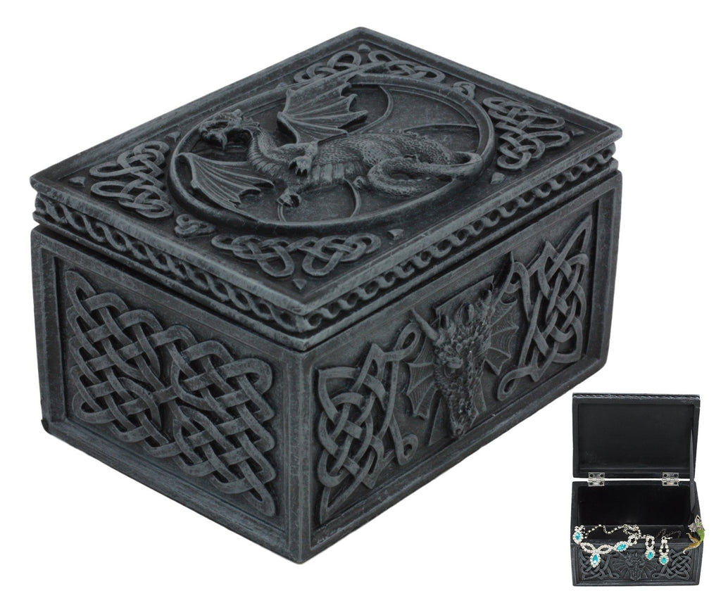 [Australia] - Ancient Celtic Relic of The Dragon Chest Tombstone Hinged Jewelry Box Keepsake Sculpture Figurine for Fantasy Collector Medieval Magic Fans 