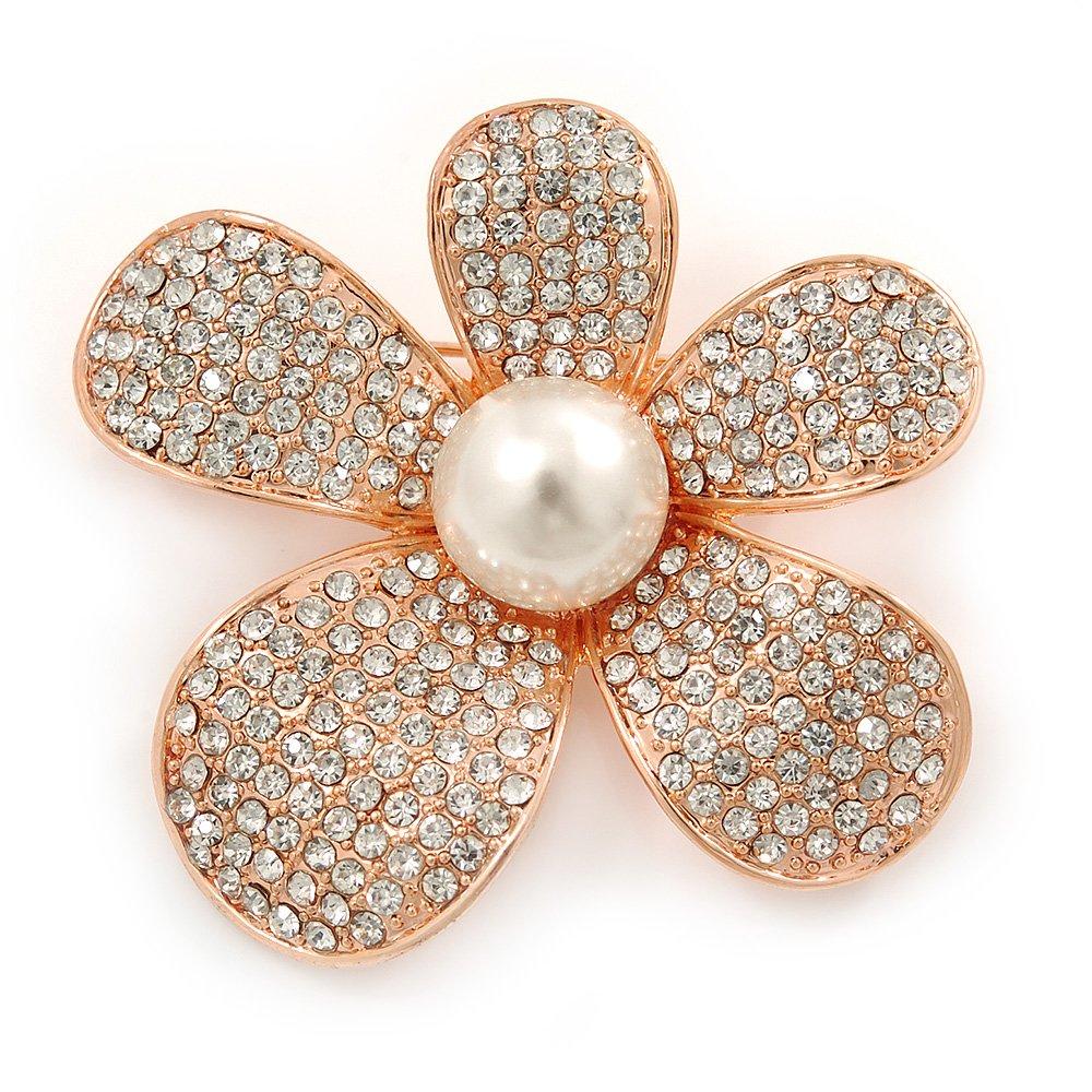 [Australia] - Avalaya Clear Austrian Crystal, Pearl Asymmetrical Flower Brooch in Rose Gold Tone - 50mm Across 