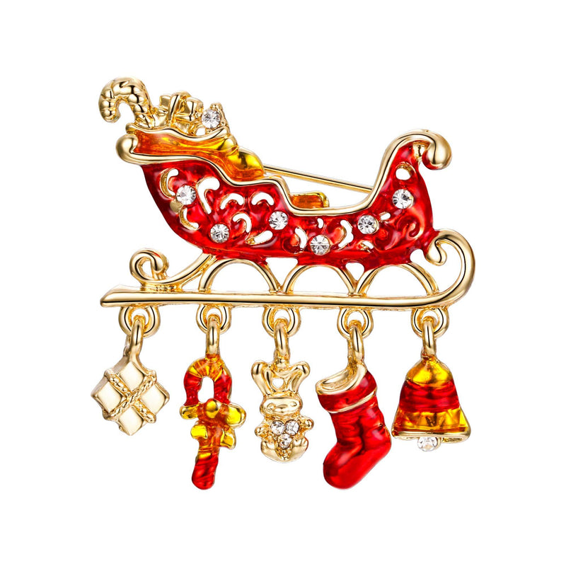 [Australia] - EVER FAITH Austrian Crystal Enamel Sleigh Car Candy Cane Stocking Gift Box Brooch Red Gold-Tone 