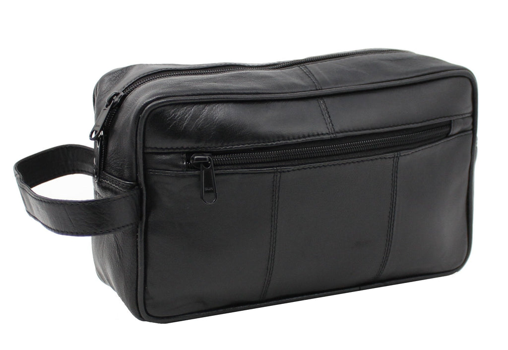 [Australia] - RAS WALLETS Men's Genuine Leather Travel Wash Gym Toiletry Bag Length 25cm x Height 16cm x Depth 14.5cm (Approx.) Black 