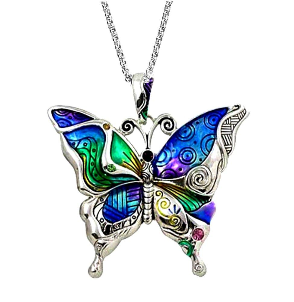 [Australia] - DianaL Boutique Silvertone Colorful Butterfly Pendant Necklace 24" Stainless Steel Chain 