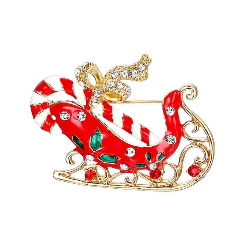 [Australia] - EVER FAITH Red Santa Claus Sleigh Candy Cane Bowknot Brooch Austrian Crystal Gold-Tone 