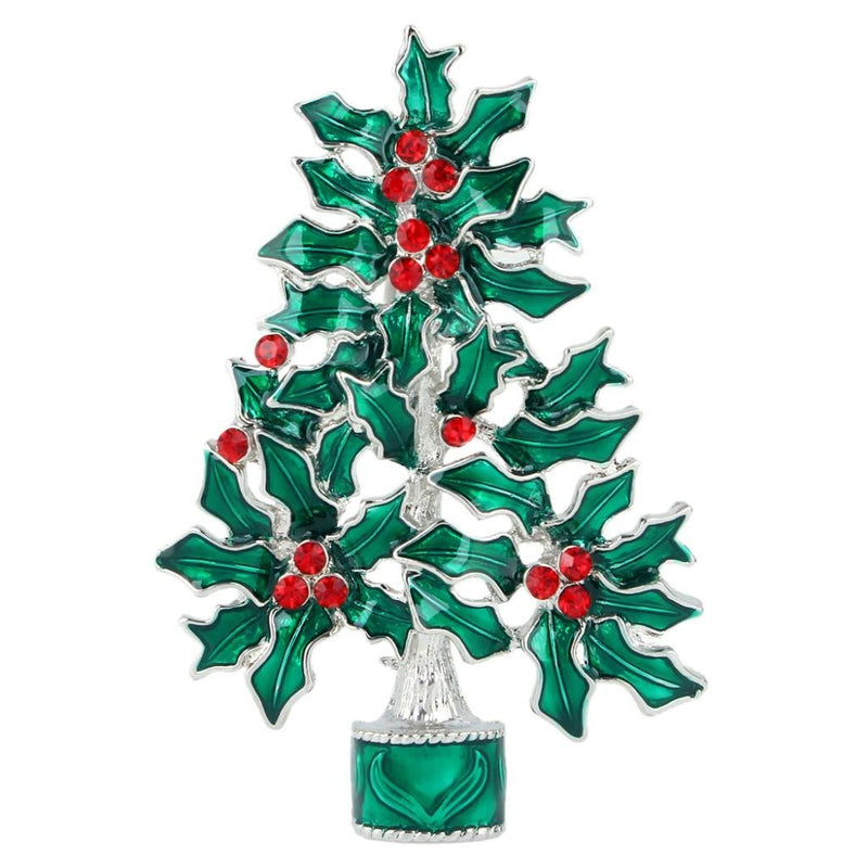 [Australia] - EVER FAITH Green Evergreen Tree Flower Brooch Pin Austrian Crystal Silver-Tone 