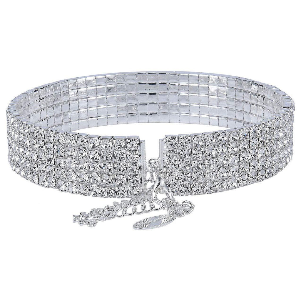 [Australia] - 5-row Five Rows Clear White Austrian Rhinestone Crystal Choker Collar Necklace Dance Party Jewelry Wedding Prom N060 Silver 