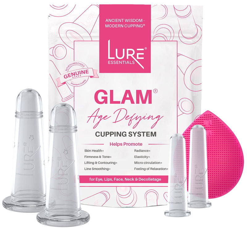[Australia] - Lure Essentials GLAM Face Cupping Set Facial Set with Silicone Brush | Anti-Aging Face Lift Cupping Massage | FREE PDF Book for Professional and Home Use GLAM - Clear 