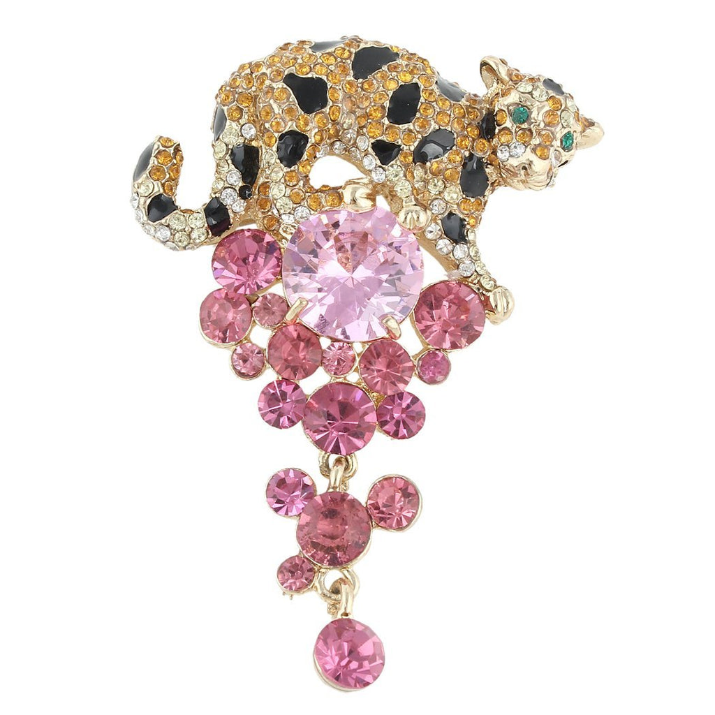 [Australia] - EVER FAITH Leopard Chandelier Brooch Tassel Pink Zircon Crystal Gold-Tone 