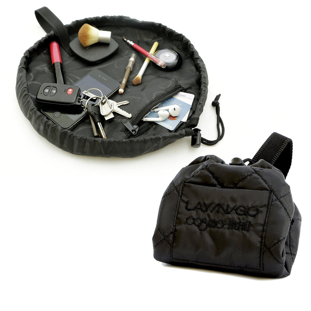 [Australia] - Lay-n-Go Drawstring Mini 13" Makeup Bag – Black - Small Travel Cosmetic Bag and Jewelry, Electronics, Toiletry Bag 
