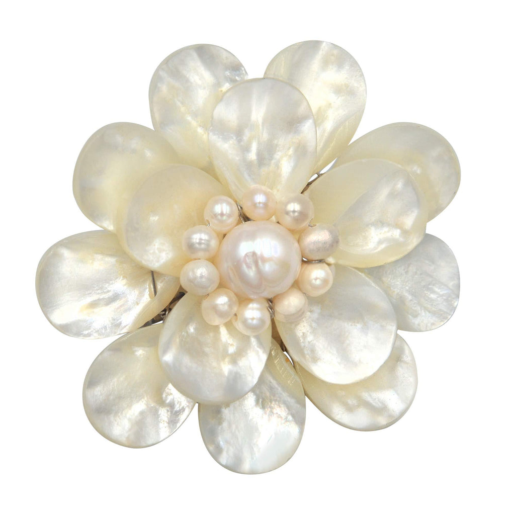 [Australia] - Pure Lotus White Mother of Pearl & Cultured Freshwater White Pearl Floral Pin or Brooch 