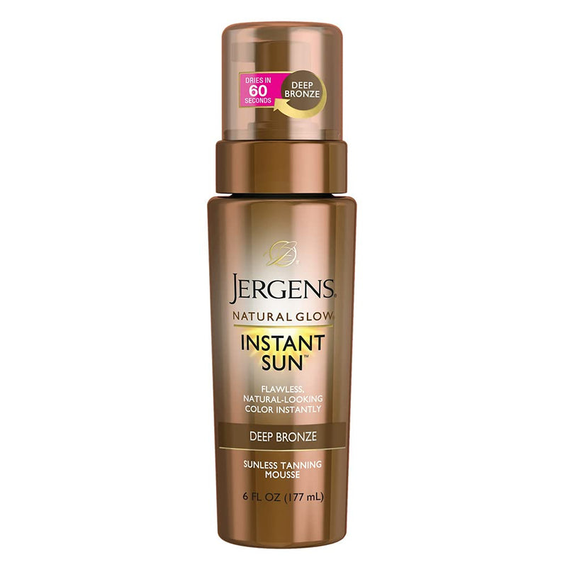 [Australia] - Jergens Natural Glow Instant Sun Body Mousse, Self Tanner for Deep Bronze Tan, Sunless Tanning Body Bronzer, Natural Looking Fake Tan, 6 Ounce Instant Sun Sunless Tanning Mousse, Deep Bronze, 6 Ounce 