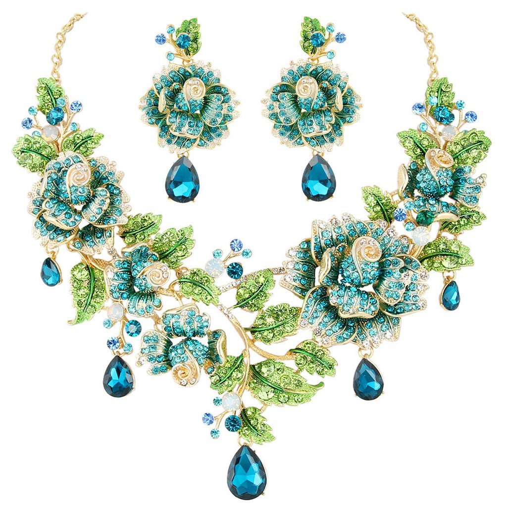 [Australia] - EVER FAITH Austrian Crystal Elegant Rose Flower Leaf Teardrop Neckalce Earrings Set Blue Gold-Tone 