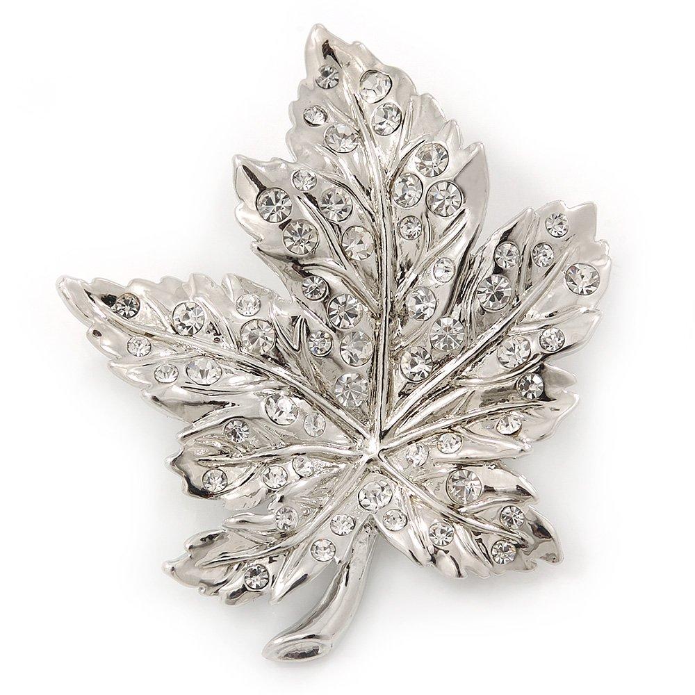 [Australia] - Avalaya Silver Tone Clear Crystal Maple Leaf Brooch - 50mm L 