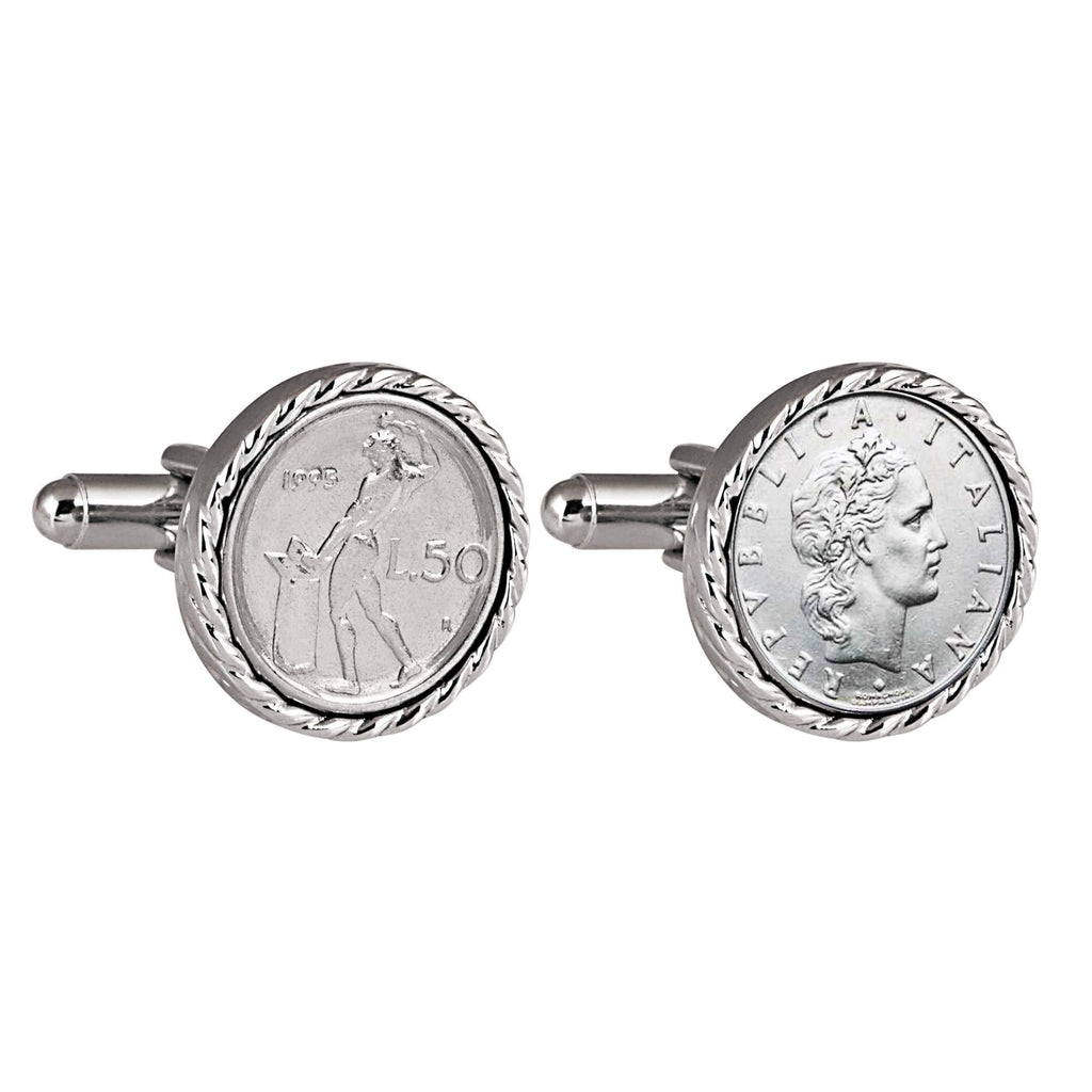 [Australia] - Italian 50 Lire Cuff Links | Genuine Lira Coins | Silvertone Rope Bezel | Bullet Backs | Men’s Formal Wear Cufflinks 