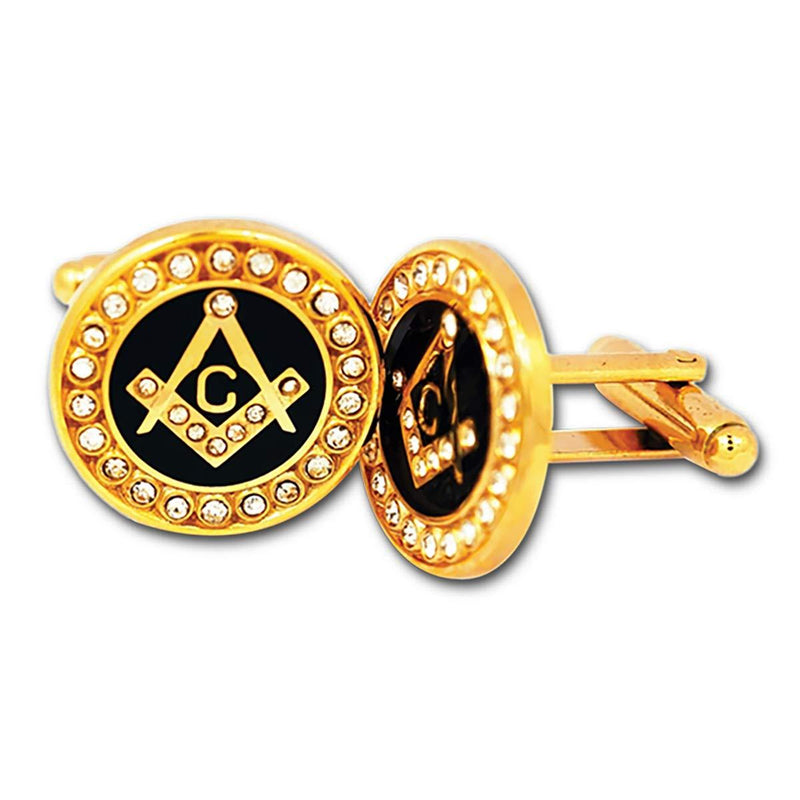 [Australia] - Square & Compass with Rhinestones Masonic Cuff Link Pair - [Gold & Black][3/4'' Diameter] 