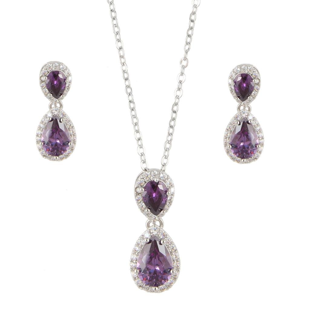 [Australia] - EVER FAITH Prong CZ Wedding 2 Tear Drop Necklace Earrings Set Silver-Tone Purple 