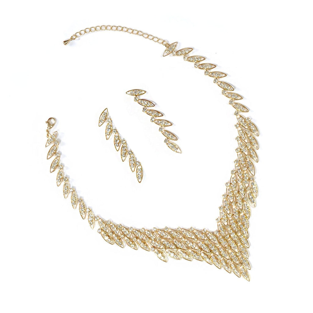 [Australia] - Topwholesalejewel Gold Crystal Rhinestone 3 Rows V Shape Necklace and Matching Dangle Earrings Jewelry Set 
