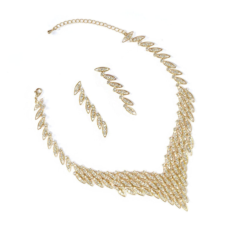 [Australia] - Topwholesalejewel Gold Crystal Rhinestone 3 Rows V Shape Necklace and Matching Dangle Earrings Jewelry Set 