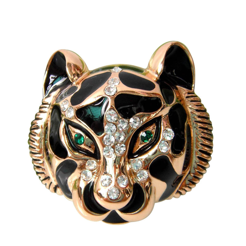 [Australia] - Navachi 18k Gold Plated Clear Crystal Black Enamel Tiger Head Brooch Pin Golden 