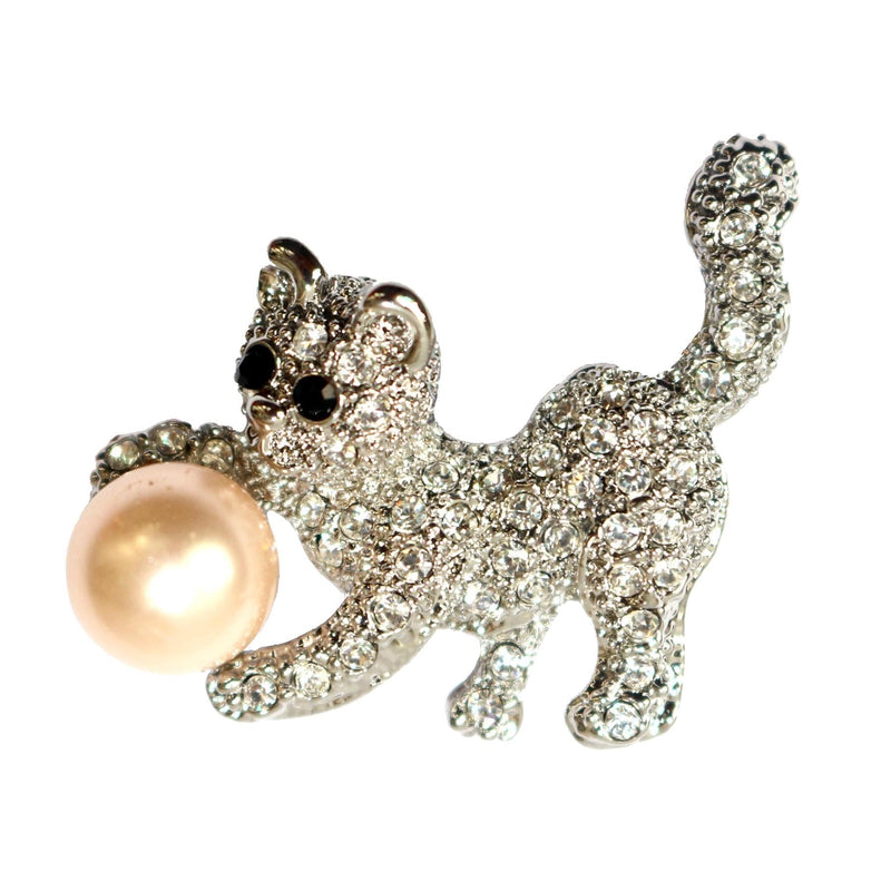 [Australia] - Navachi 18k Gold Plated Multi-Color Crystal Pearl Cat Brooch Pin White 
