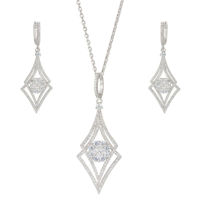 [Australia] - EVER FAITH Silver-Tone Zircon Elegant Double Rhombus Shaped Pendant Necklace Earrings Set Clear 