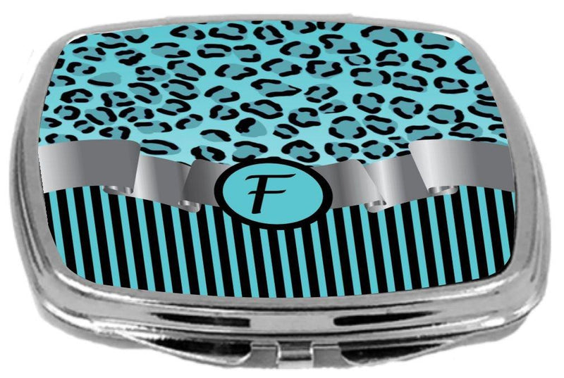 [Australia] - Rikki Knight Compact Mirror, Letter f Initial Sky Blue Leopard Stripes Monogram 