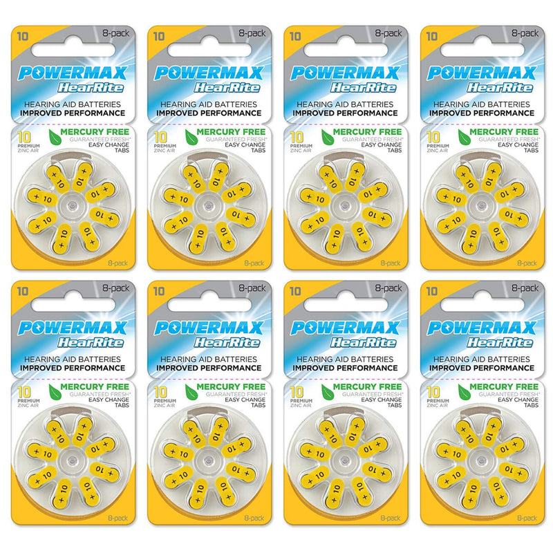 [Australia] - Powermax Hearing Aid Batteries, Yellow Tab, Made In the USA, Size 10 - 8 Count (Pack of 10), Total 64 Count Size 10 (64 Count) 64-Count 