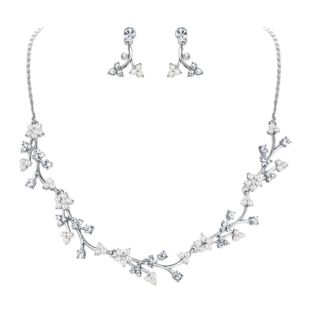 [Australia] - EVER FAITH Austrian Crystal White Simulated Pearl Bridal Floral Leaf Vine Jewelry Set Clear 