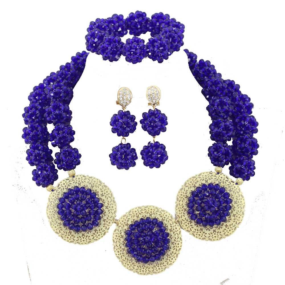 [Australia] - Africanbeads 2 Rows Crysatl Ball African Beads Jewelry Set,Nigerian Bridal Jewelry Set,African Wedding Jewelry Set Royal Blue 