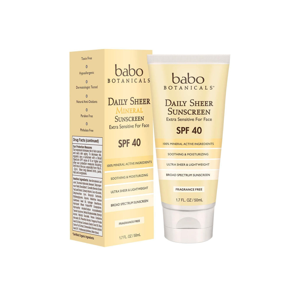 [Australia] - Babo Botanicals Daily Sheer Mineral Face Sunscreen Lotion SPF 40, Non-Greasy, Fragrance-Free, Vegan, For Babies, Kids or Sensitive Skin - 1.7 oz. 1.7 Fl Oz (Pack of 1) 