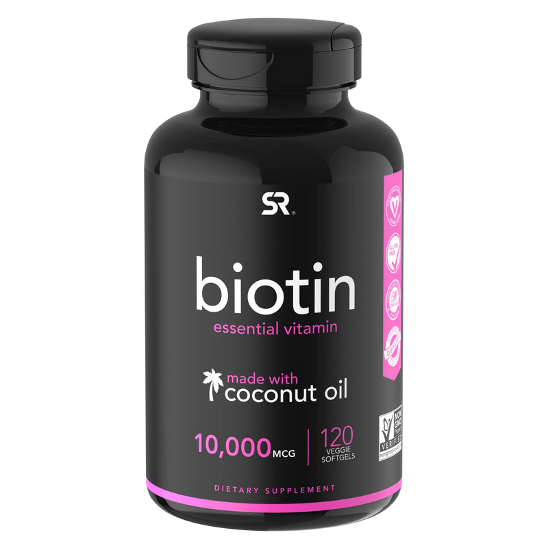[Australia] - Sports Research Extra Strength Vegan Biotin (Vitamin B) Supplement with Organic Coconut Oil - Supports Keratin for Healthier Hair & Skin - Great for Women & Men - 10,000mcg, 120 Veggie Softgel Capsule 120 Count (Pack of 1) 10,000 mcg 