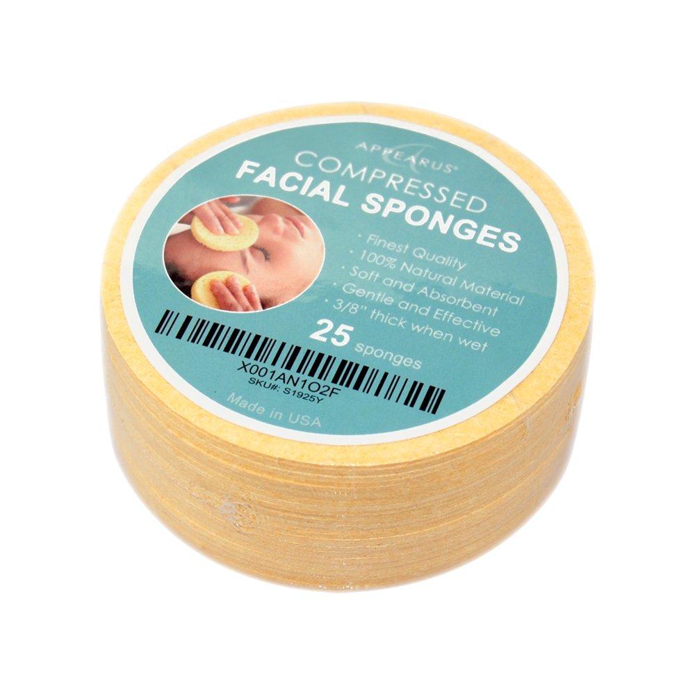 [Australia] - Face Sponge - APPEARUS Compressed Natural Cellulose Facial Sponges | Made in USA | Cosmetic Spa Sponges for Facial Cleansing and Exfoliating (25 Count) (Natural) Yellow 