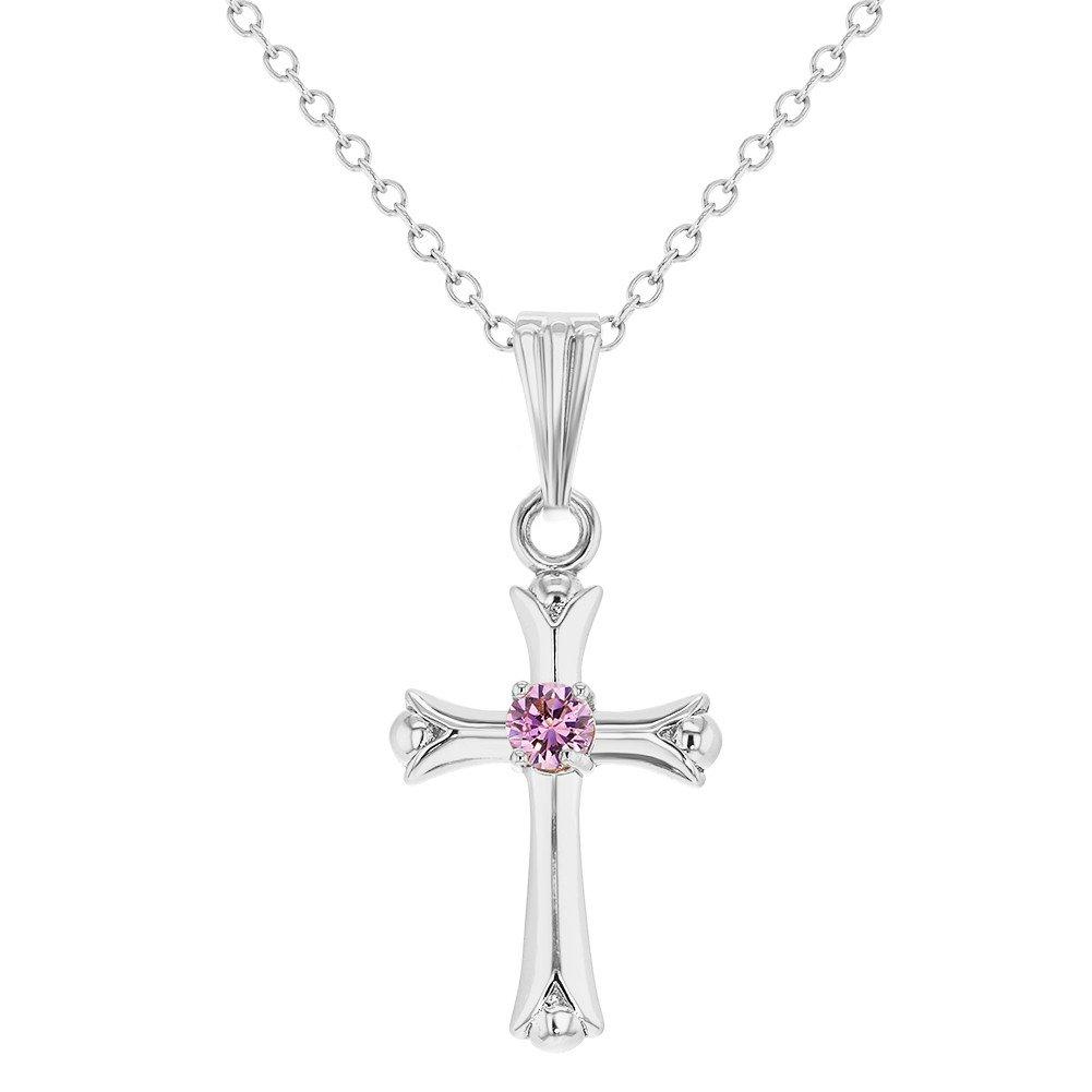 [Australia] - In Season Jewelry Rhodium Plated Small Girls Pink Crystal Plain Cross Pendant Necklace 16" 