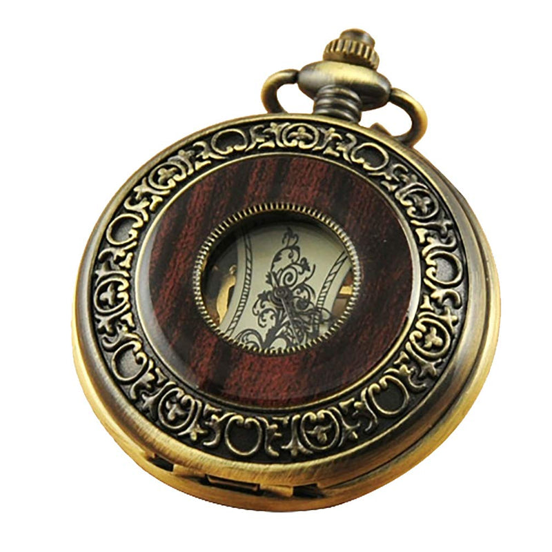 [Australia] - VIGOROSO Men's Hand-Wind Mechanical Pocket Watch Vintage Steampunk Wood Grain Hollow Design with Chain and Box 