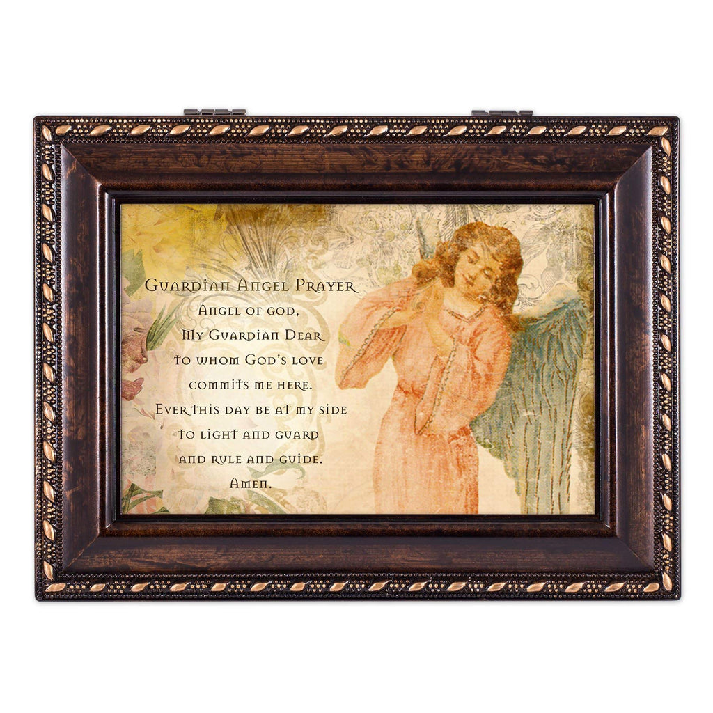 [Australia] - Cottage Garden Guardian Angel Prayer Be at My Side Burlwood Rope Trim Jewelry Music Box Plays Canon in D 