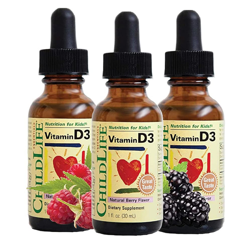 [Australia] - ChildLife Essentials Vitamin D3 - Vitamin D Drops for Kids, Supports Immune, Respiratory, Heart, & Bone Health, All-Natural, Gluten-Free, Non-GMO, 500 IU (12.5 mg) - Natural Berry Flavor, 1 Fl. Oz Bottle (Pack of 3) 1 Fl Oz (Pack of 3) 