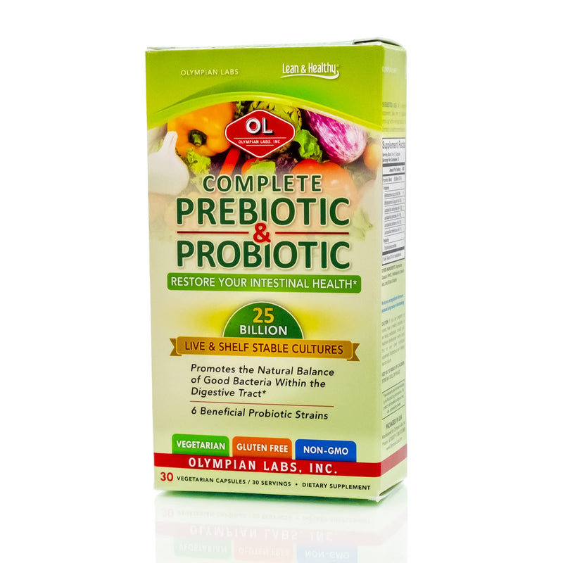 [Australia] - Olympian Labs Complete Prebiotic and Probiotic Supplement - 25 Billion Live Shelf Stable Cultures - 30 Vegetarian Capsules Standard 