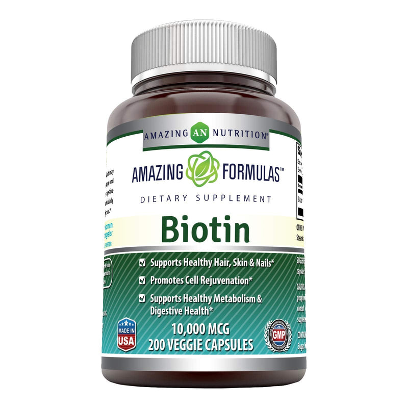 [Australia] - Amazing Formulas Biotin Supplement 10000 mcg 200 Veggie Capsules (Non-GMO, Gluten Free) - Supports Healthy Hair, Skin & Nails - Promotes Cell Rejuvenation (Pack of 1) 200 Count (Pack of 1) 