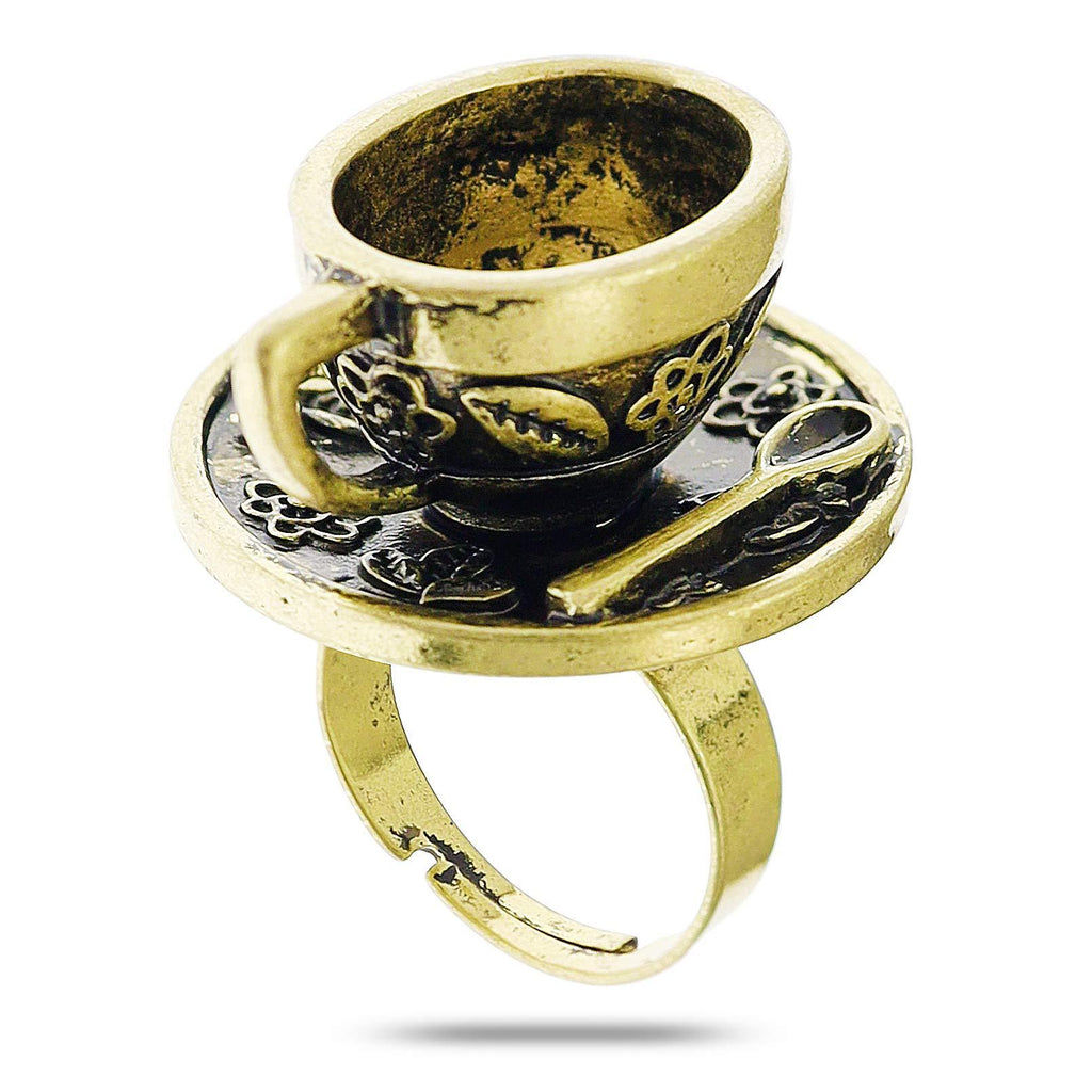 [Australia] - RechicGu Vintage Fairytale 3D Tea Cup Saucer Ring Party Fairy Tale Hatter Wonderland Cosplay Fancy Dress Antique Gold 