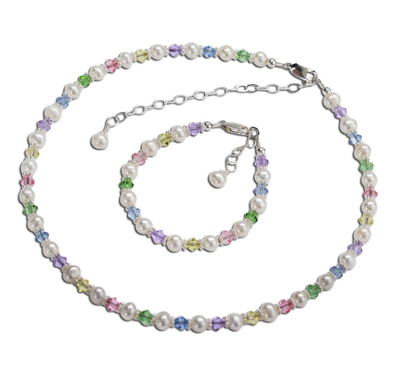 [Australia] - Children's Sterling Silver Cultured Pearl Bracelet with Necklace Set with Pastel Crystals MED (1-5 yr) 