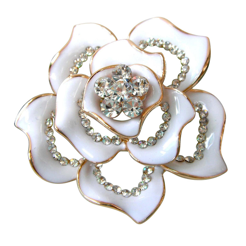 [Australia] - Navachi 18k Gold Plated Crystal Rose Flower Enamel Brooch pins White 