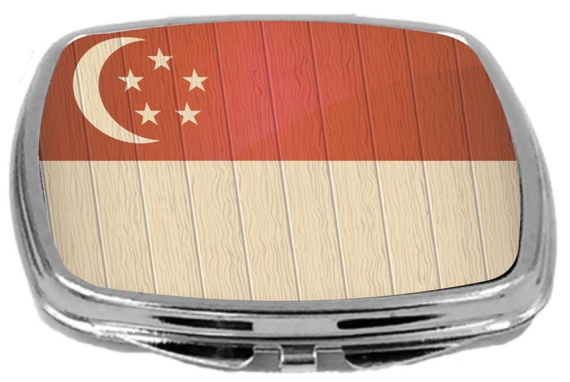 [Australia] - Rikki Knight Compact Mirror on Distressed Wood Design, Singapore Flag, 3 Ounce 