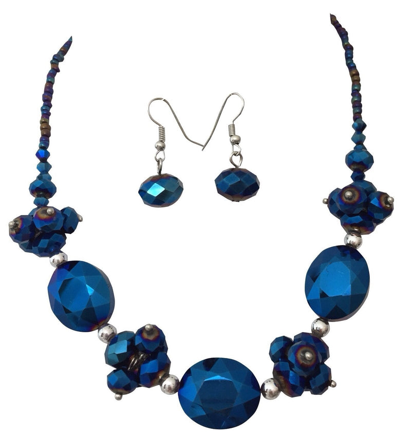 [Australia] - Blue Reflective Glass Bead Fancy Formal Magnetic Back Necklace Earrings Set 